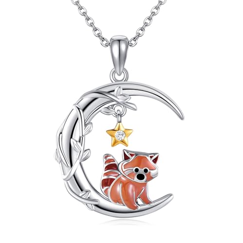 YAFEINI Moon Animal Necklace S925 Sterling Silver Owl/Fox/Red Panda/Possum/Snake/Dachshund Pendant Necklace Animal Jewelry Gifts for Women Mom Wife - style: RED PANDA