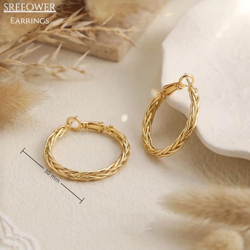 Gold Earrings for Women 14K Gold Hoop Earrings for Women | 14K Gold Earrings for Women Hoop Twisted Woven Texture and Braided Detailing Gold Hoop Earrings for Womens 30mm