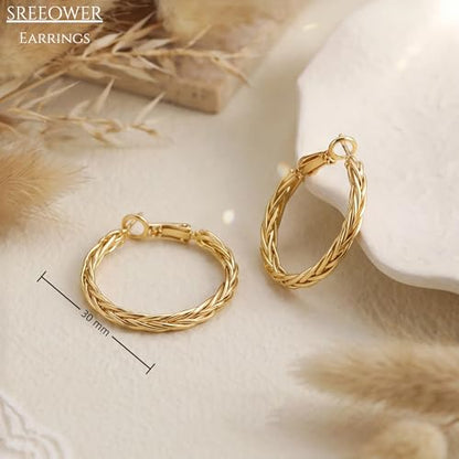 Gold Earrings for Women 14K Gold Hoop Earrings for Women | 14K Gold Earrings for Women Hoop Twisted Woven Texture and Braided Detailing Gold Hoop Earrings for Womens 30mm