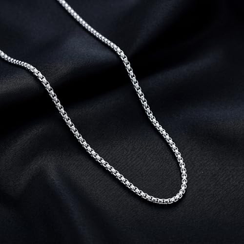Sterling Silver Chain for Men, 4mm S925 Sterling Silver Over Round Box Chain Necklace for Men Diamond Cut Chains Gifts for Husband Mens Father 18/20/22/24/26 inches