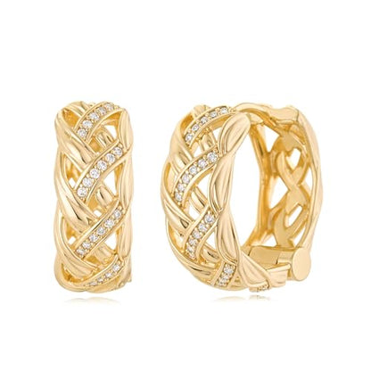 Women Gold Earrings Huggie Hoop Cubic Zirconia 14K Gold Plated Small Simple Hypoallergenic Everyday Jewelry - style: Braided