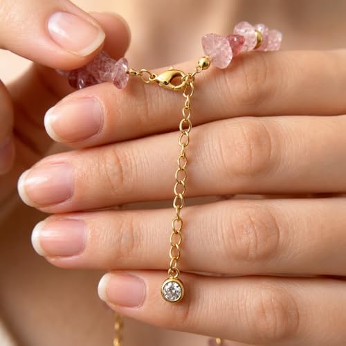 Pink Natural Stone Heart Pendant Necklace for Women, 18K Gold Stainless Steel Beaded Choker Necklace, Romantic Layered Jewelry