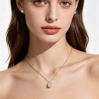 5A Cubic Zirconia Hypoallergenic Necklace and Earrings Set for Women, Dainty Stainless Steel Teardrop Solitaire Jewelry Sets Gift for Her - color: Silver