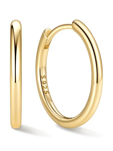 ChicSilver 925 Sterling Silver Hoop Earrings for Women Silver Huggie Hoops | Hypoallergenic 925 sterling silver hoops in 8/10/12/14/16/18/20MM, available in Gold/Silver/Rose Gold/Black. - color: Gold, size: 14mm