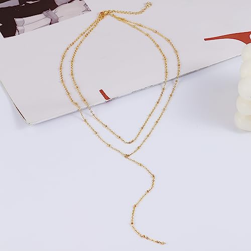 Foxgirl Lariat Gold Necklace for Women, Dainty Long Necklace 14k Gold Plated/Silver Y-Shaped Pendant Necklace Trendy Layered Cz Beaded Chain Drop Necklaces Simple Gold Jewelry For Women Gift - color: Y Small Layered Satellite-GD