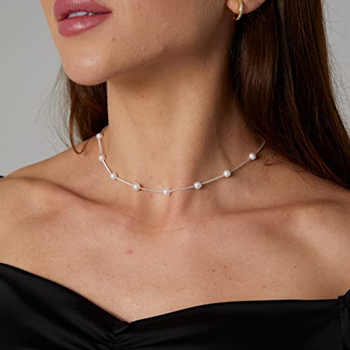 Dainty Pearl Pendant Necklaces for Women 14K Gold Plated Handmade Layered Pearl Chain Necklace Delicate Layered Pearl Necklace Everyday Jewelry Gift - color: Pearl Choker-Silver