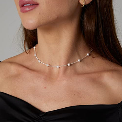 Dainty Pearl Pendant Necklaces for Women 14K Gold Plated Handmade Layered Pearl Chain Necklace Delicate Layered Pearl Necklace Everyday Jewelry Gift - color: Pearl Choker-Silver