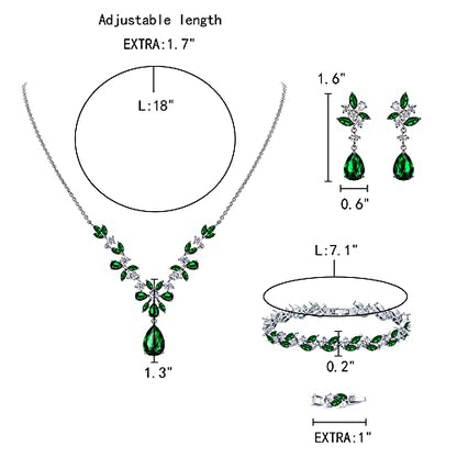 EleQueen Women's Wedding Bridal Jewelry Set for Brides Bridesmaids, Silver/14K Gold/Rose Gold Plated Cubic Zirconia Teardrop Necklace Dangle Earrings Bracelet Sets for Party Prom - color: 06-Emerald Color-Necklace+Earrings+Bracelet