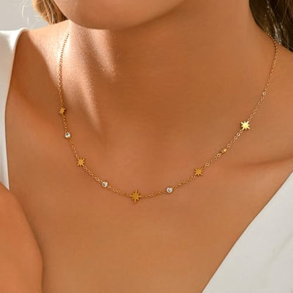Dainty Necklaces with CZ Inlaid Minimalist Stackable Fashion Gifts - color: Eight-pointed Star-GD
