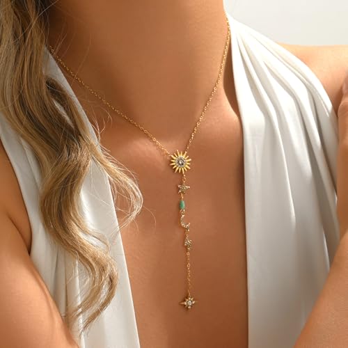 Lariat Necklaces for Women 18K Gold Plated Cubic Zirconia Heart Necklaces Dainty Star Lightning Sun and Moon Necklace Trendy Y Shaped Drop Diamond Necklace - color: Sun Moon Star Lightning Y Necklace-Gold
