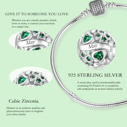 925 Sterling Silver Lucky Clover Birthstone Charms for Bracelets Dangle Pendant with 5A Cubic Zirconia Compatible Pandora Bracelets, Ladies Birthday Gift - style: 5-May