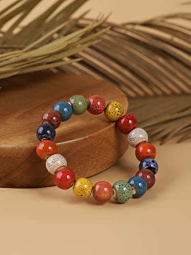 Boho Hippie Colorful Ceramic Beads Strand Stretch Bracelet, Bohemian Summer Beach Jewelry Gift for Women - color: S01