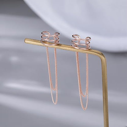 SLUYNZ 925 Sterling Silver No Piercing Cuff Earrings Chain for Women Wrap Earrings Tassel Clip On Ear - color: Rose Gold Plated