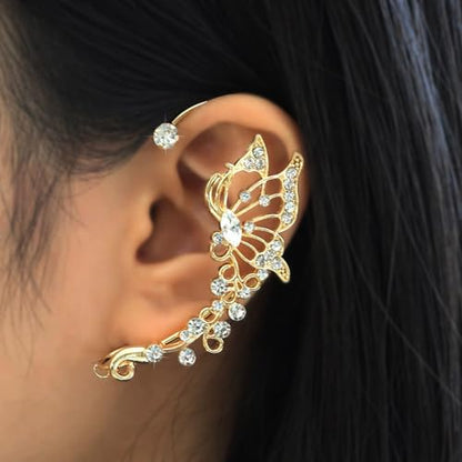 2Pcs Butterfly Ear Cuffs Rhinestone Clip On Earrings | Rhinestone butterfly ear cuffs with non piercing clip on design; silver ear wrap climber jewelry for parties and weddings - style: Style A Gold