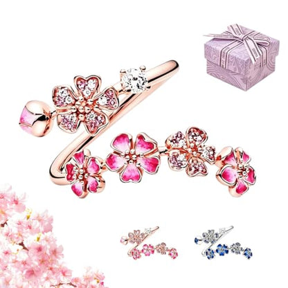 Peach Blossom Ring, Pink Adjustable Flower Open Crystal Rings for Women, Dainty Floral Rings for Vacation, Wedding - color: Pink