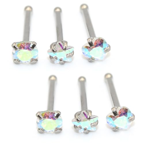 6-Piece Nose Piercing Studs Set, 20G Stainless Steel Nose Studs, 3mm Crystal Heart Star Round Shapes, 0.8x7mm Bone - color: AB Color