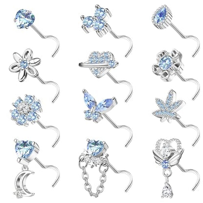 Sanfenly 12 PCS 20G Nose Rings Surgical Stainless Steel, L Shaped Nose Studs for Women Men, CZ Heart Butterfly Flower Leaf Moon Dangle Cute Nose Piercings Studs Screw Jewelry Pink/Purple/Blue/Clear - color: Screw Blue