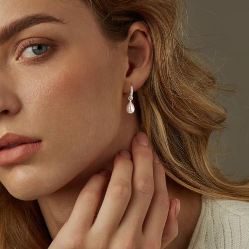 Robaice Pearl Earrings for Women, 14K Gold Plated Dangle Drop Earrings | Small Pearl Drop Huggie Hoop Earrings, Hypoallergenic Dainty Gold Earrings, Wedding Jewelry Gifts for Women Trendy - style: silver drop pearl earrings