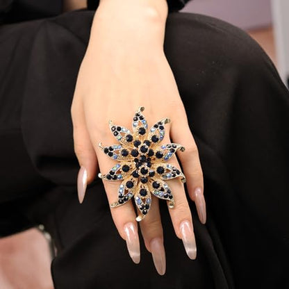 Elegant Big Crystal Flower Ring for Women Gold Rhinestone Floral Rings Open Finger Adjustable Crystal Flower Statement Ring Jewelry for Bridal Wedding - color: Flower 2 - blue