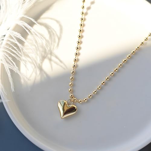 Zeffy Dainty Gold Heart Necklace for Women Trendy 14K Gold/Silver Plate Cute Heart Pendant Choker Necklaces Gold Love Heart Chain Necklace for Women Dainty Gold Jewelry Gifts for Women - style: Puffy Heart Beaded Necklace-Gold