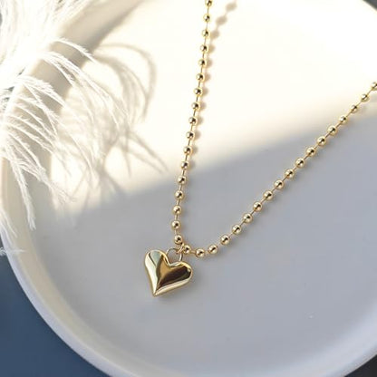 Zeffy Dainty Gold Heart Necklace for Women Trendy 14K Gold/Silver Plate Cute Heart Pendant Choker Necklaces Gold Love Heart Chain Necklace for Women Dainty Gold Jewelry Gifts for Women - style: Puffy Heart Beaded Necklace-Gold