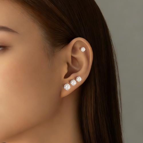Gold Stud Earring Set for Women Men, Round CZ Earrings Hypoallergenic | 925 Silver Post , 4 Holes Small Studs Earrings Multiple Piercing Cartilage Tragus Trendy Post Cute Earrings Stacks Jewelry - color: White gold