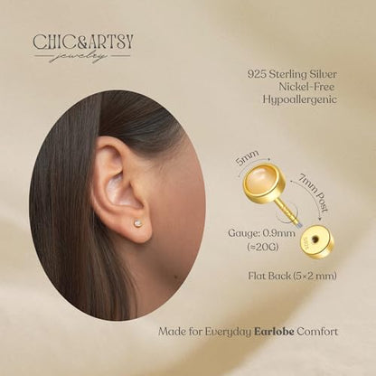 CHIC & ARTSY 18K Gold Plated Solid 925 Sterling Silver Flat Back Earrings for Women Multiple Piercings Screw Back Earrings Cartilage Hypoallergenic Jewelry - style: 925 Silver Flat Back #02