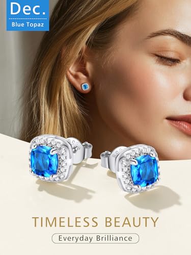 FindChic Birthstone Earrings for Women, Round/Heart/Square/Teardrop Earrings with 925 Sterling Silver Posts & Push Backs, Hypoallergenic Studs with Cubic Zirconia, 12 Months Jewelry with Gift Box - style: 12. December-Blue Topaz (Square)