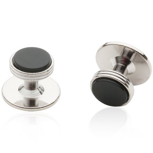 Mens Black Onyx Tuxedo Shirt Studs Set of 4 Silver Wedding Groomsmen in Velour Pouch