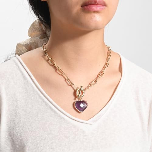 14K Gold Plated Two Sides Carved Stone Heart Shape Necklace for Women Love Pendant Necklace Jewelry for Daily and Gifts - color: Amethyst