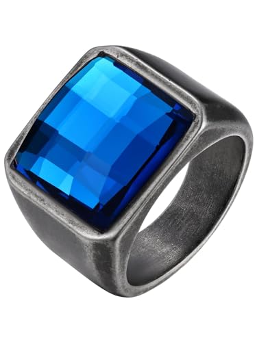 KeyStyle Square Gemstone Signet Rings for Men, Personalized Stainless Steel Pinky Ring with Black Onxy Blue Topaz Birthstone Statement Ring - color: Vintage Grey - Blue Topaz - 15mm