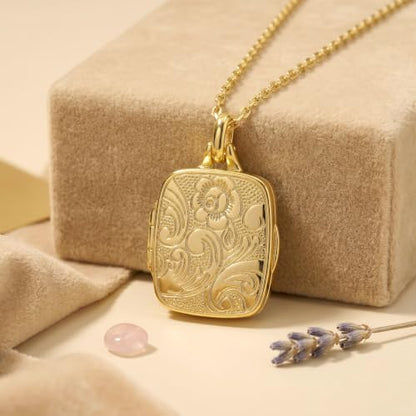 YOUFENG Love Heart Locket 14K Gold-Filled Oval Circle Rectangle Lockets that Hold Pictures Floral Patterns Necklace for Women - style: Gold Rectangle
