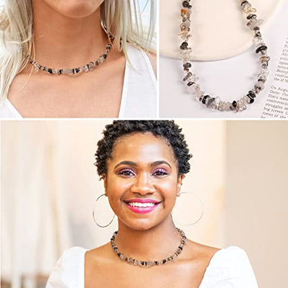 Aobei Pearl Gemstone Beaded Choker Necklace for Women Boho Turquoise/Cultured Freshwater Pearls/Garnet/Amazonite Jewelry - color: H Black Tourmalinated Quartz