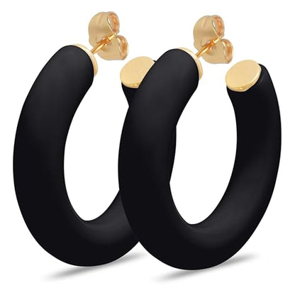 Gold Plated Multicolor Resin Chunky Thick Open Hoop Earrings in 57MM and 37.5MM Diameters - color: Black - Matte Finish, size: 37.5MM (1.48") Diameter