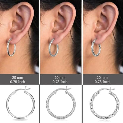 Charmsy Set of 3 Pairs 925 Sterling Silver Hoop Earrings for Women | Lightweight Italian 2.5mm Tube Diamond-Cut Classic Texured Click-Top Hoops Earring | Size 12/13/15/18/20/25mm - color: Tri-PAIR-18mm