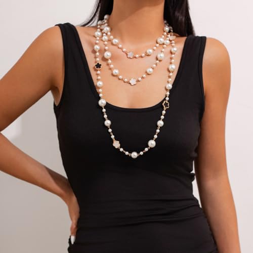 Long Pearl Necklaces for Women Pearl Long Chain Necklace Gold Chain Dainty Delicate Station Necklace Jewelry for Dress Party - color: 3Layer