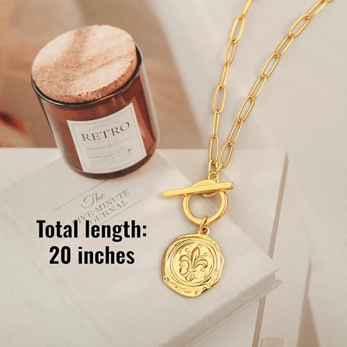 18k Gold Plated Chain Link Necklace for Women, Baroque Pearl/Compass Pendant Necklace - color: Iris Flower