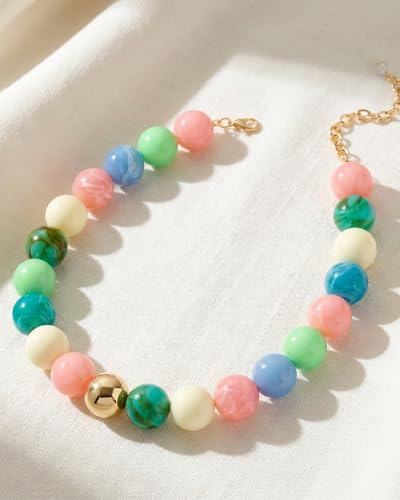 Chunky Beaded Choker Necklace for Women Boho Statement Necklace with Large Pearl Blue Brown Tone Resin Beads Summer Beach Jewelry Gifts - color: Macarons