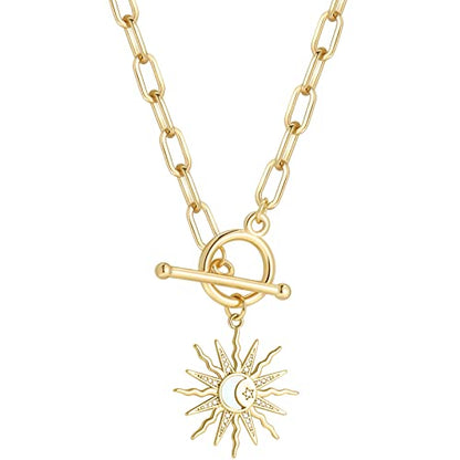 DoreenBeads 18K Gold Sun Moon Star Compass Pendant Necklace | Chunky Toggle Paperclip Chain Necklace with Heart Daisy Bee Charms for Women Girls 20 Inches - color: Sun