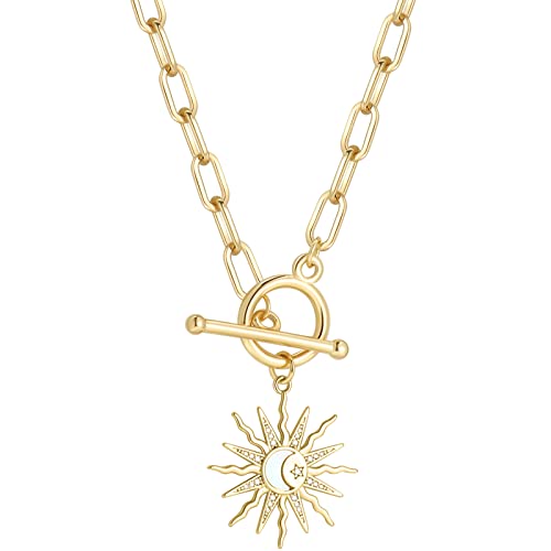 DoreenBeads 18K Gold Sun Moon Star Compass Pendant Necklace | Chunky Toggle Paperclip Chain Necklace with Heart Daisy Bee Charms for Women Girls 20 Inches - color: Sun
