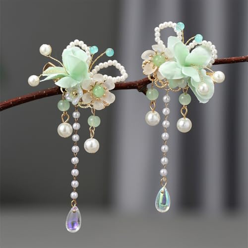 A Pair Wedding Hair Clips, Handmade Floral Design Alligator Crystal Hair Clips Pearl Barrettes, Rhinestones Flower Clips Pearl Headpieces Hair Pins Hair Accessories for Women Girls (Light Green&White) - color: Light Green&White