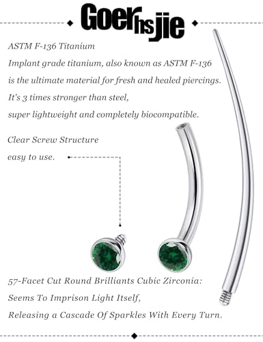 F136 Titanium 16g 6/8/10mm Eyebrow/Rook/Snug/Vertical-Labret/VCH/Snake-Eyes/Anti-Tragus/Christina/Daith/Belly-Button/Bridge/Hood/Surface Curved Barbell Piercing Jewelry for Women Men - color: Green, size: 10 mm (3/8 in)