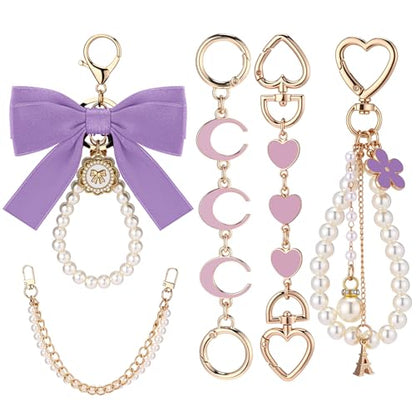 Sureio 5 Pcs Bag Extender Chain Pearl Purse Chain Ribbon Bow Keychain Extender Bag Strap Purse Charms Accessories for Handbag - color: Purple and Gold