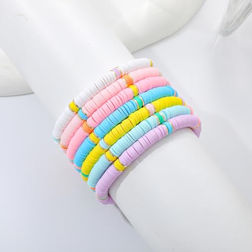 Summer Surfer Heishi Bracelet Set for Women Stackable Gold Plated Clay Ploymer Bead Stretch Pink Beach Layering Bracelets Jewelry - color: B-A5 cross 7pcs