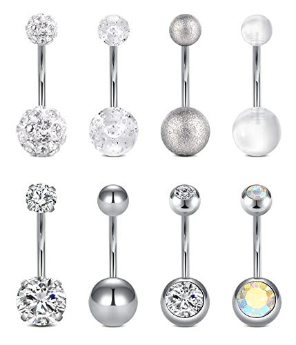 VCMART 14g 12mm & 14mm Navel Ring - Surgical Steel Belly Rings in Silver, Pink & Green for Women - Long Bar Belly Button Piercing Jewelry - style: B4 -12mm belly bar, 8pcs