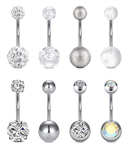 VCMART 14g 12mm & 14mm Navel Ring - Surgical Steel Belly Rings in Silver, Pink & Green for Women - Long Bar Belly Button Piercing Jewelry - style: B4 -12mm belly bar, 8pcs