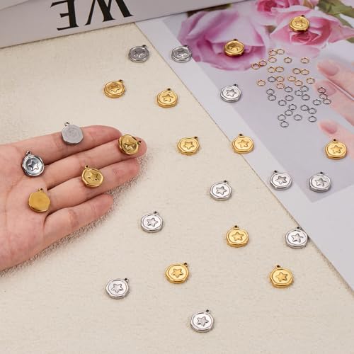 Stainless Steel Charms Bulk for Jewelry Making Round Star Charm Pendant for Bracelet DIY Jewelry Supplies - color: Star Gold Silver