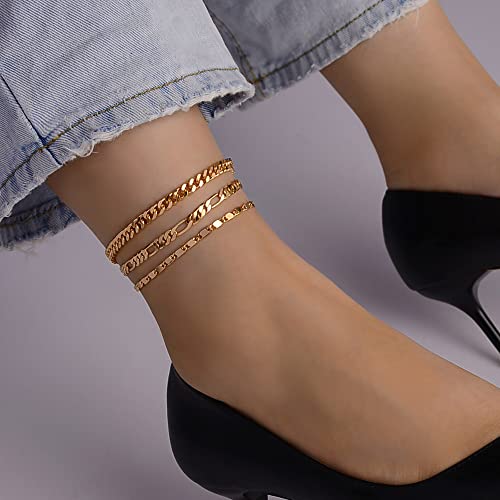 YANODA 3Pcs Gold Ankle Bracelets for Women Dainty 14k Gold Plated Layering Anklets Set Adjustable Fashion Link Chain Ankle Bracelet Adjustable Beach Foot Jewelry Gifts for Women - color: YP Mariner+Cuban(L)+Figaro