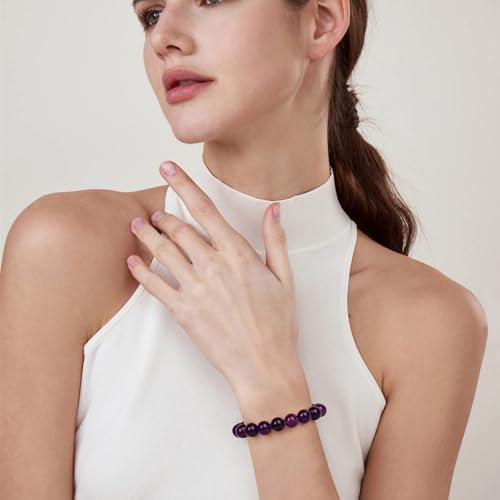 Raicegs 4 6 8MM Beaded Bracelets Healing Crystal Bracelet for Women Men Natural Stone Handmade Stretch Bracelet Reiki Spiritual Jewelry - color: Amethyst, size: 10mm