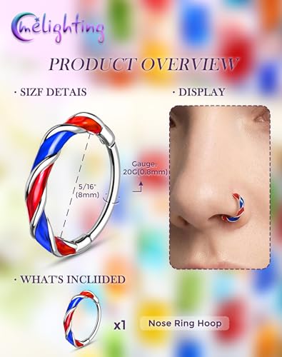 Melighting 20G Twist Nose Ring Hoop Stainless Steel 316L Piercing Jewelry | 7/8 mm Nose Piercing Jewelry, Cute Hinged Segment Clicker Lobe Helix Daith Cartilage Earring for Women - color: Steel RDBL, size: 20g8mm